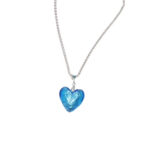 a blue Murano heart shaped necklace on a chain