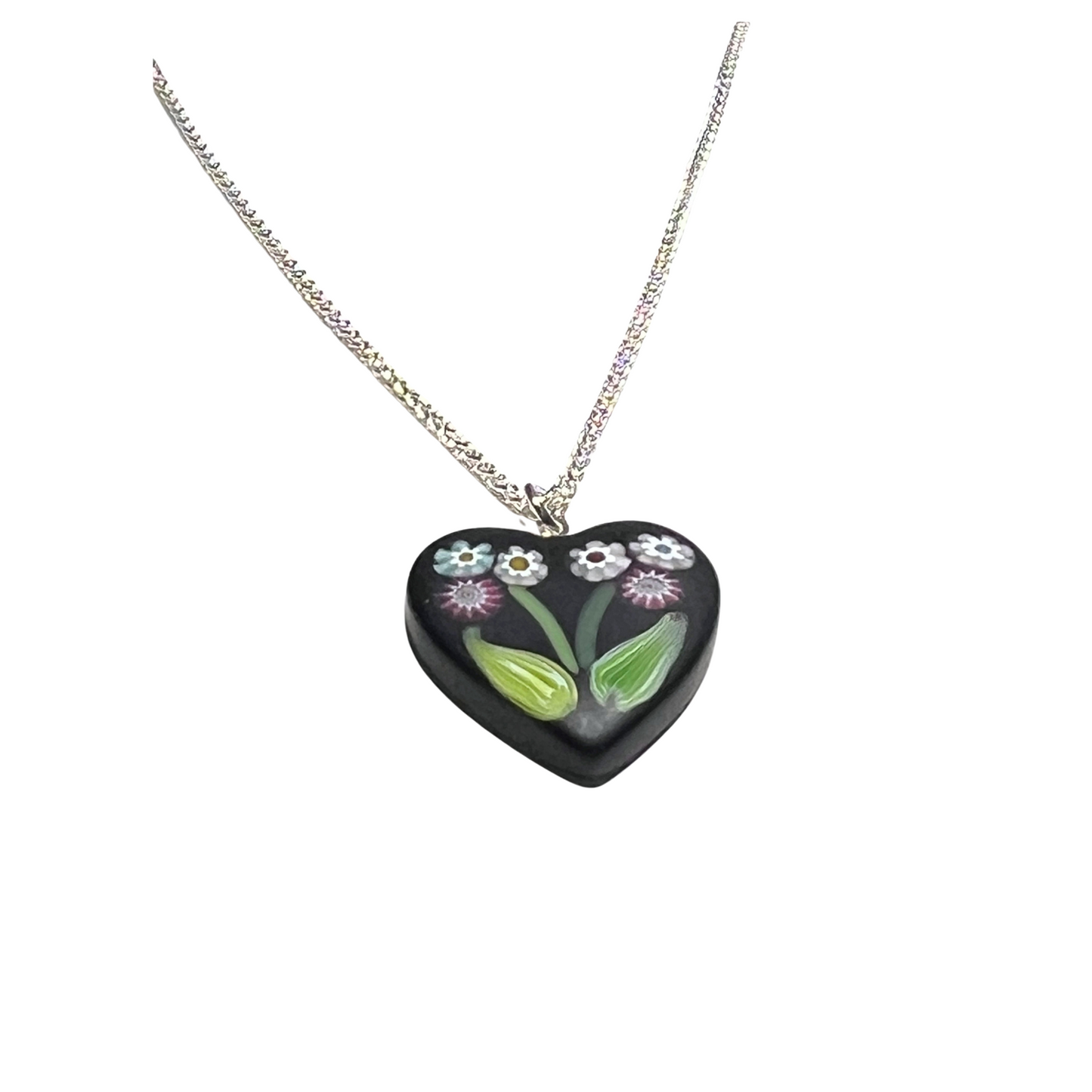 Murano Black Millefiori Flower Heart Pendant Necklace