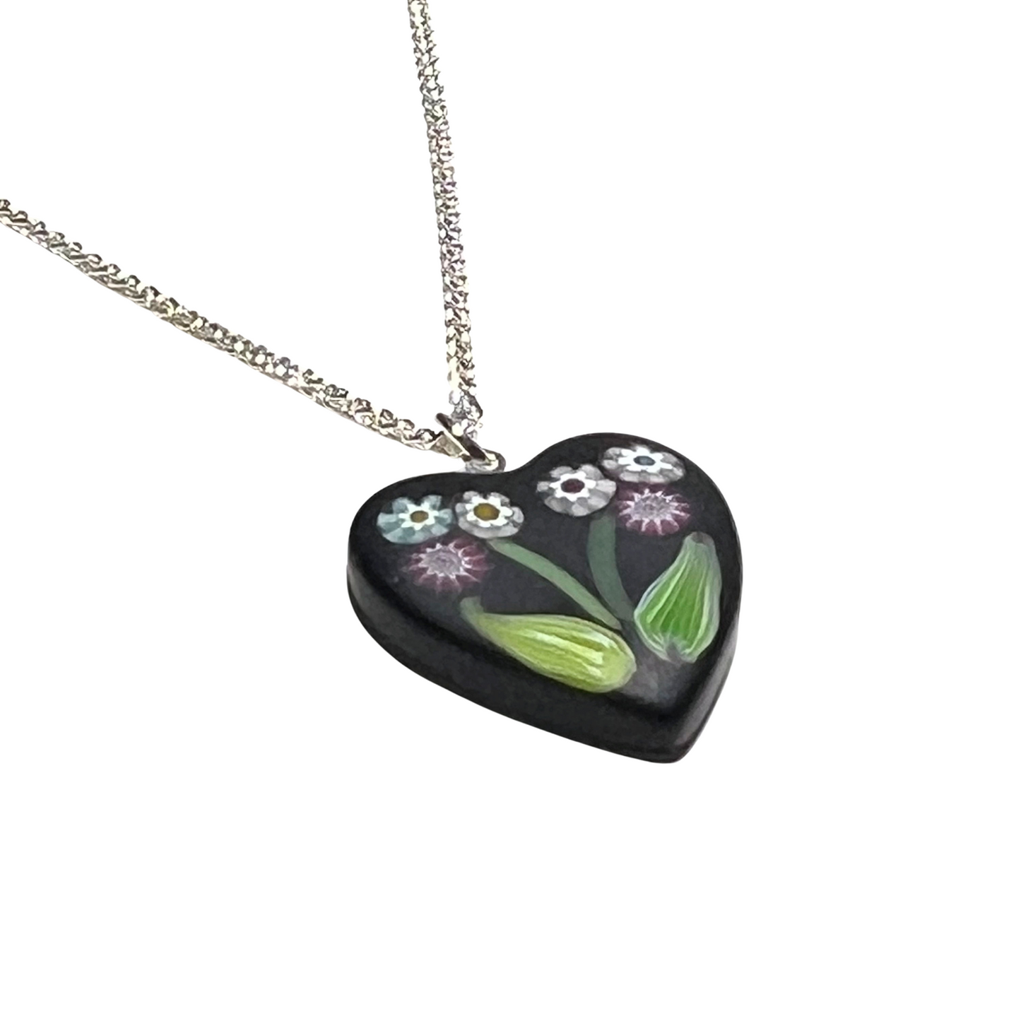 Murano Black Millefiori Flower Heart Pendant Necklace