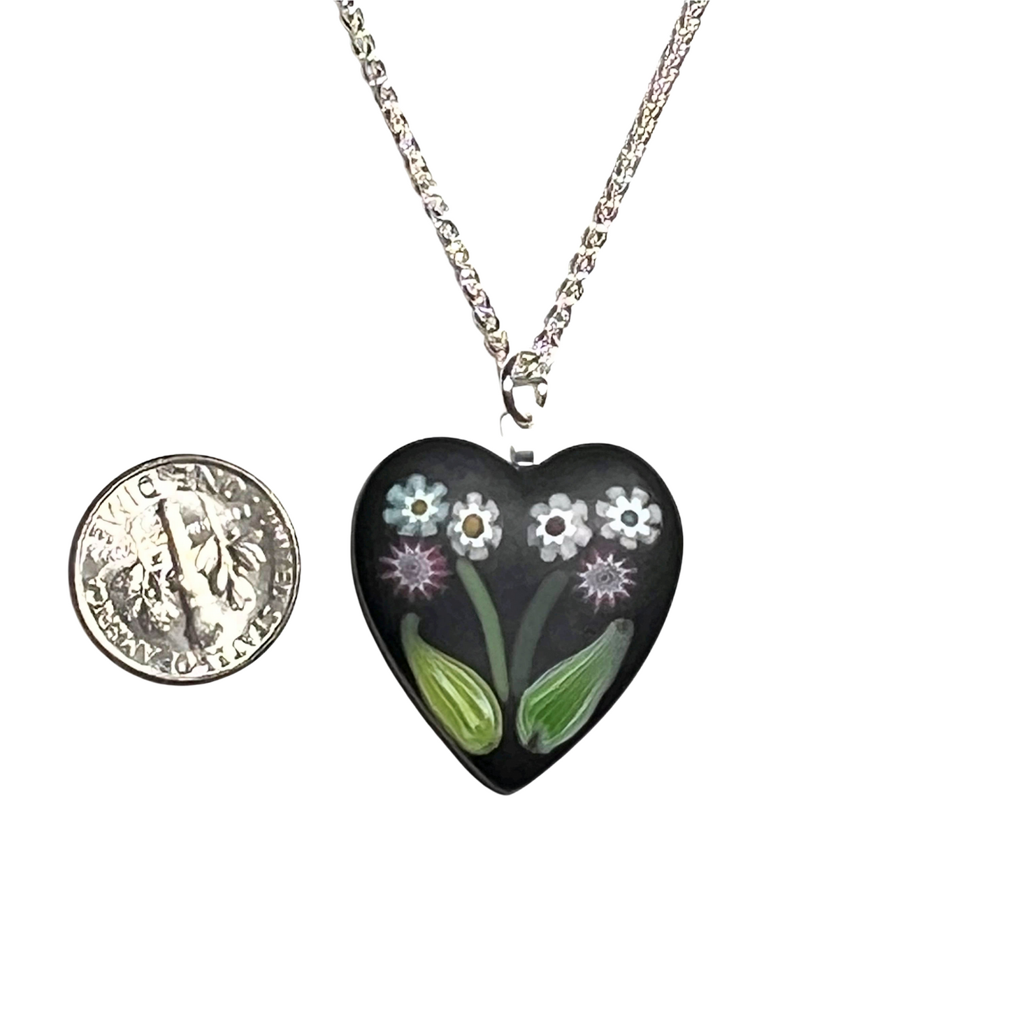 Murano Black Millefiori Flower Heart Pendant Necklace
