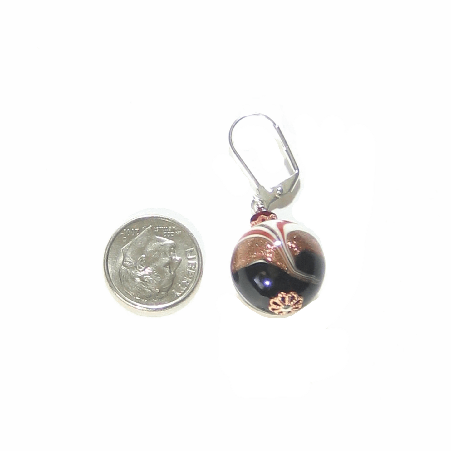 Italian Glass Black White Red Copper Silver Earrings by JKC Murano - JKC Murano