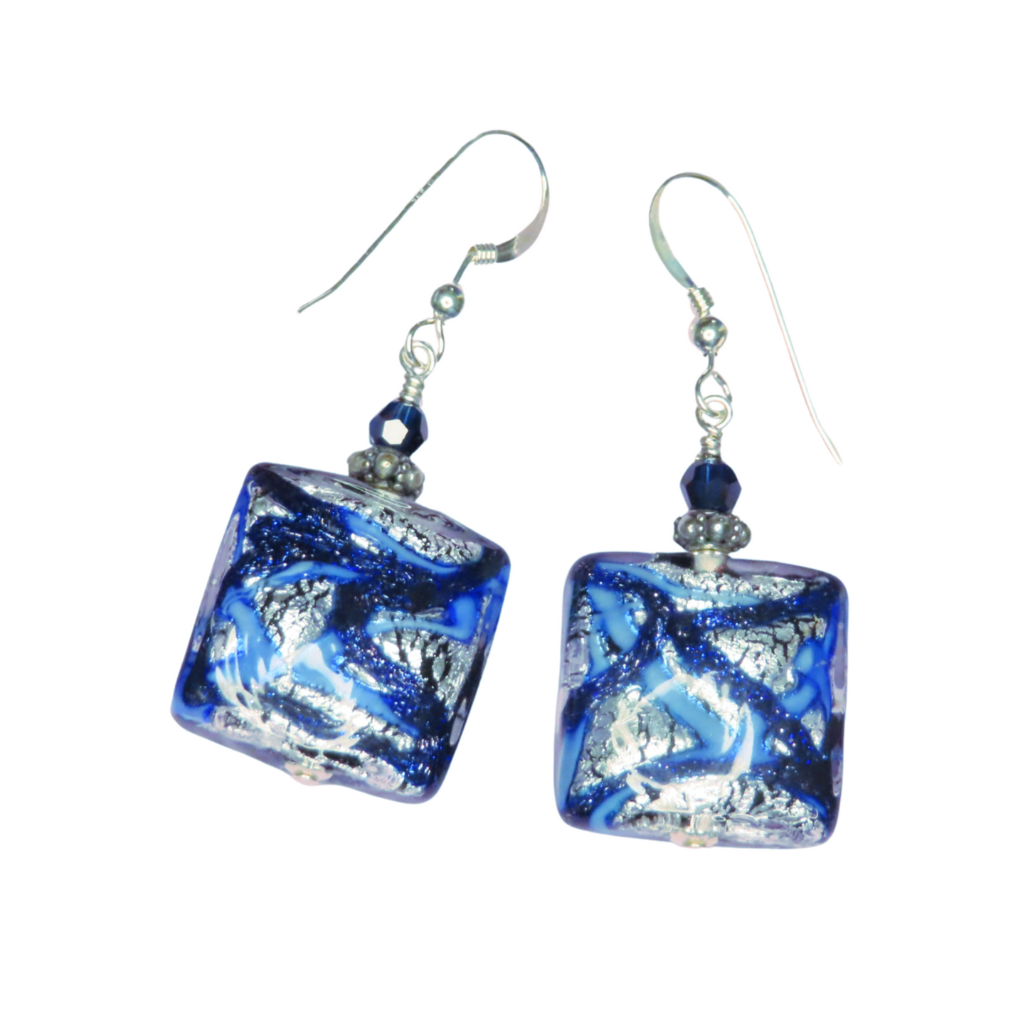 Murano Glass Cobalt Blue Chunky Square Silver Earrings