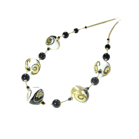 Murano Black White Swirl Chunky Abstract Gold Necklace