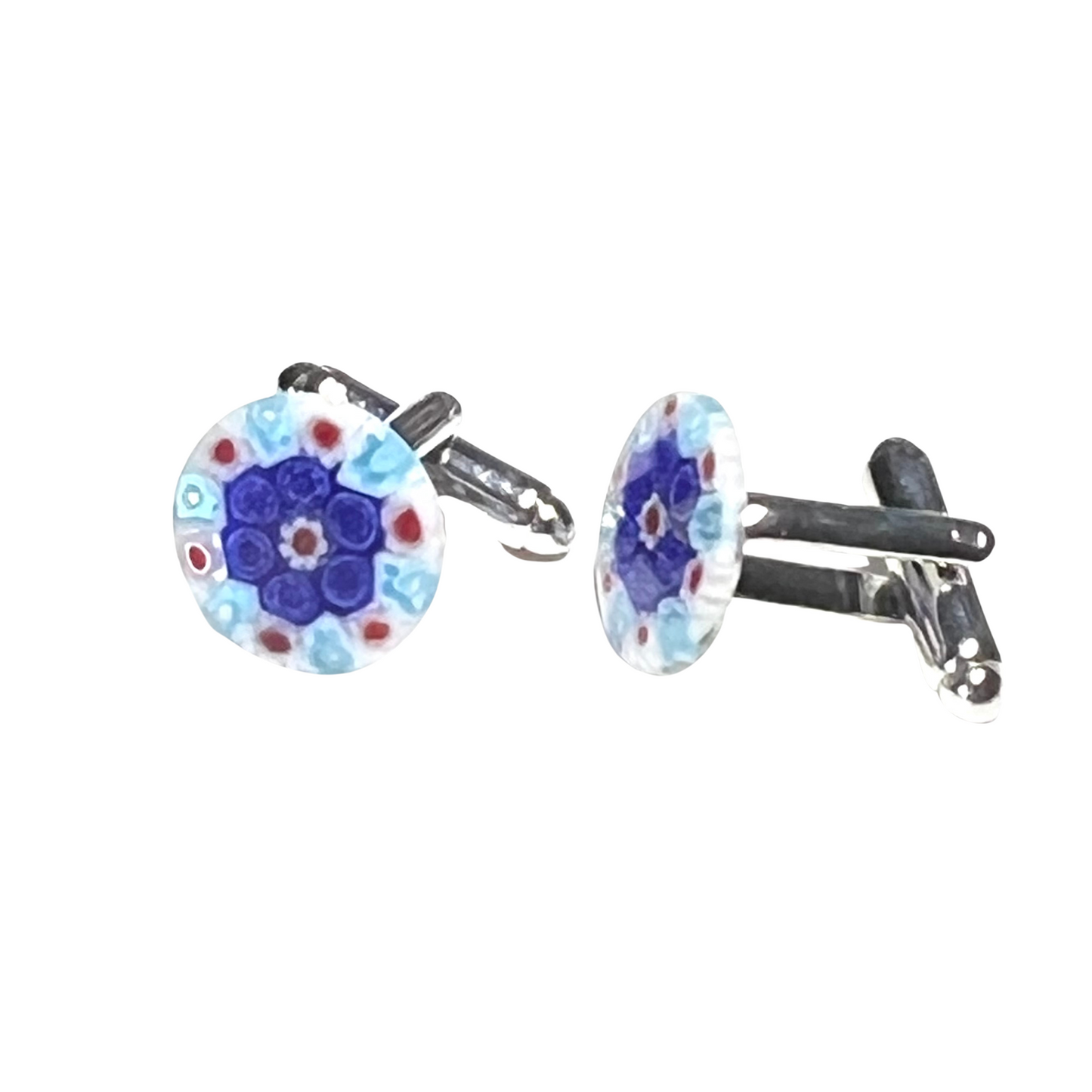 Murano Glass Cobalt Blue and Red Millefiori Cuff Links