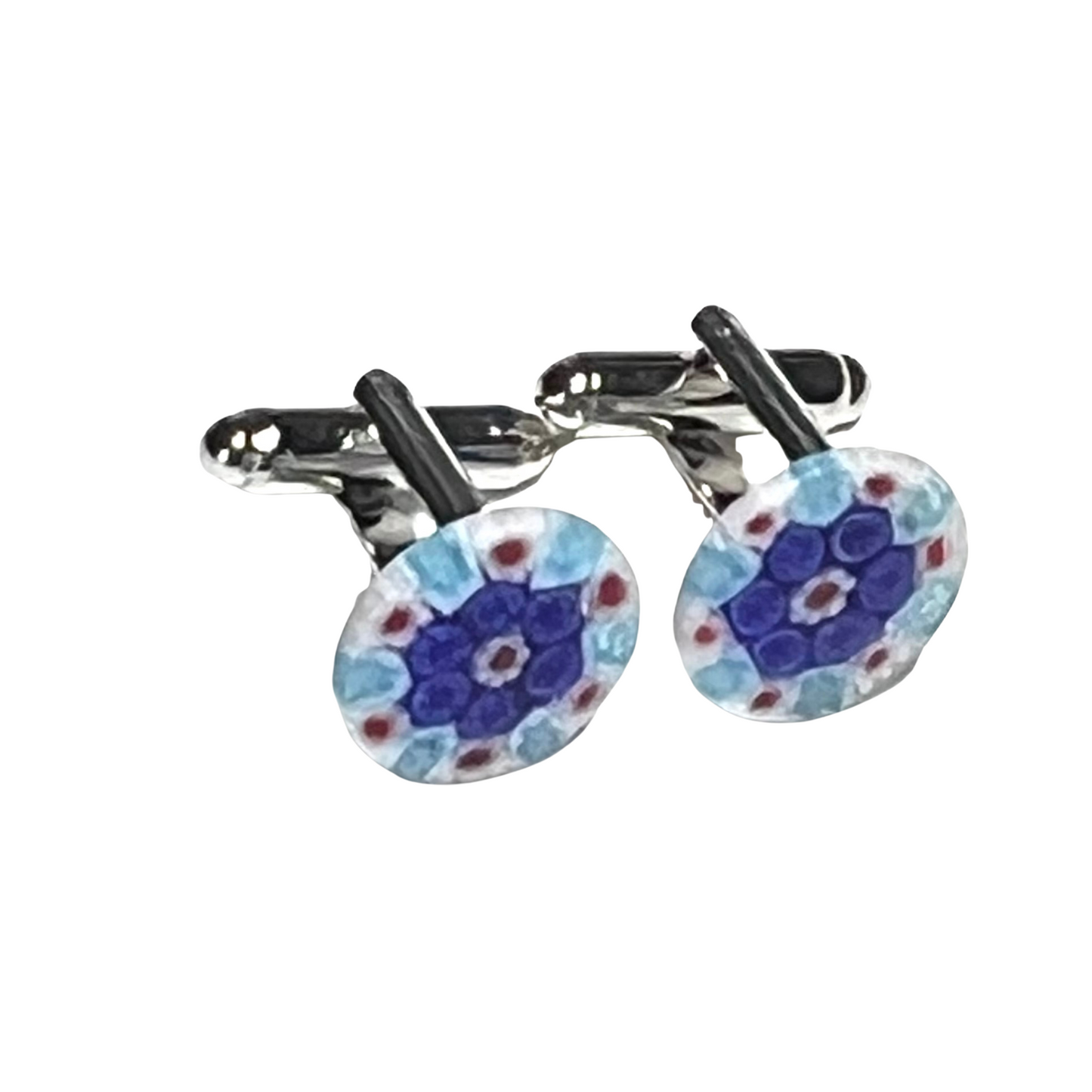 Murano Glass Cobalt Blue and Red Millefiori Cuff Links