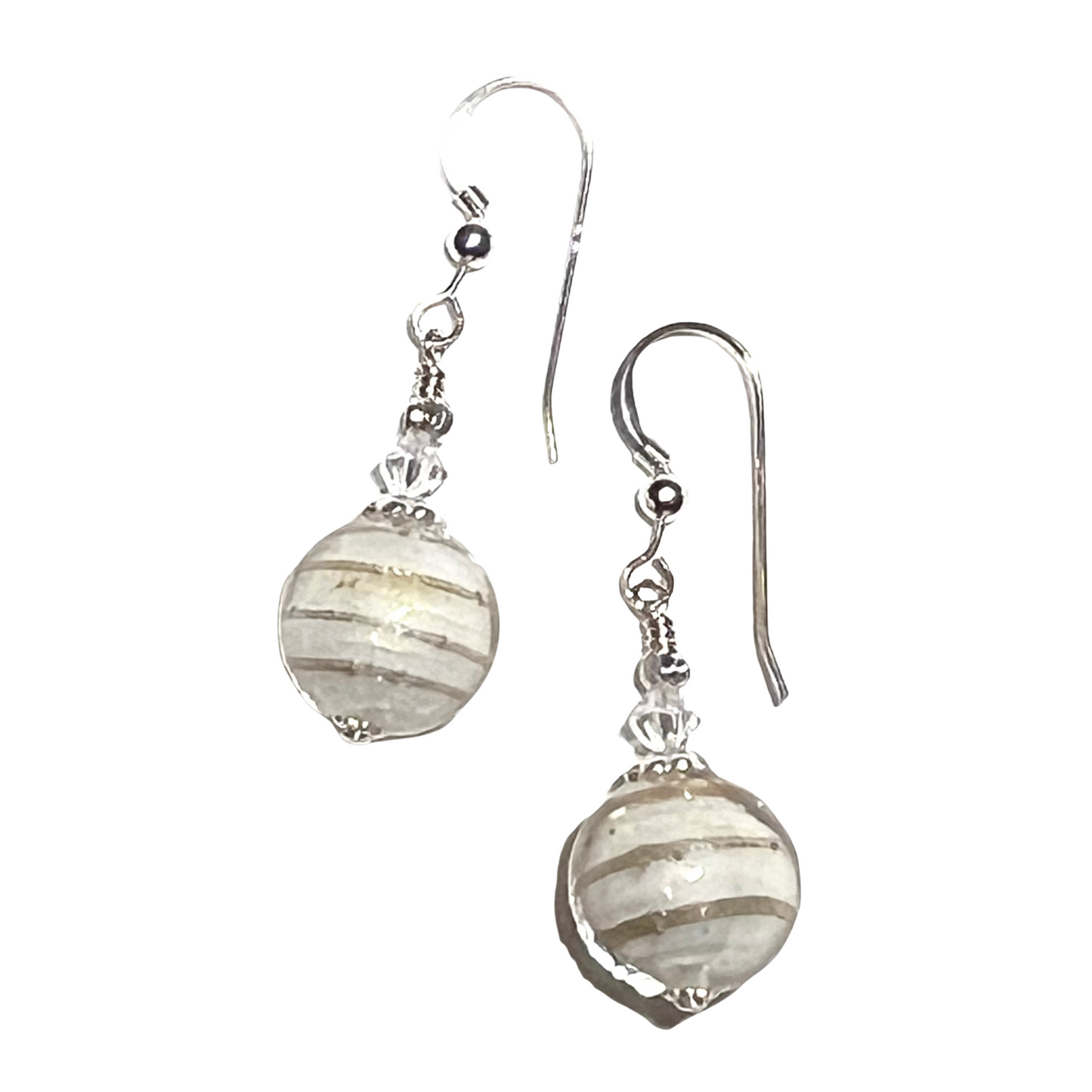 Pair of Murano glass cream round, striped beads on a white background