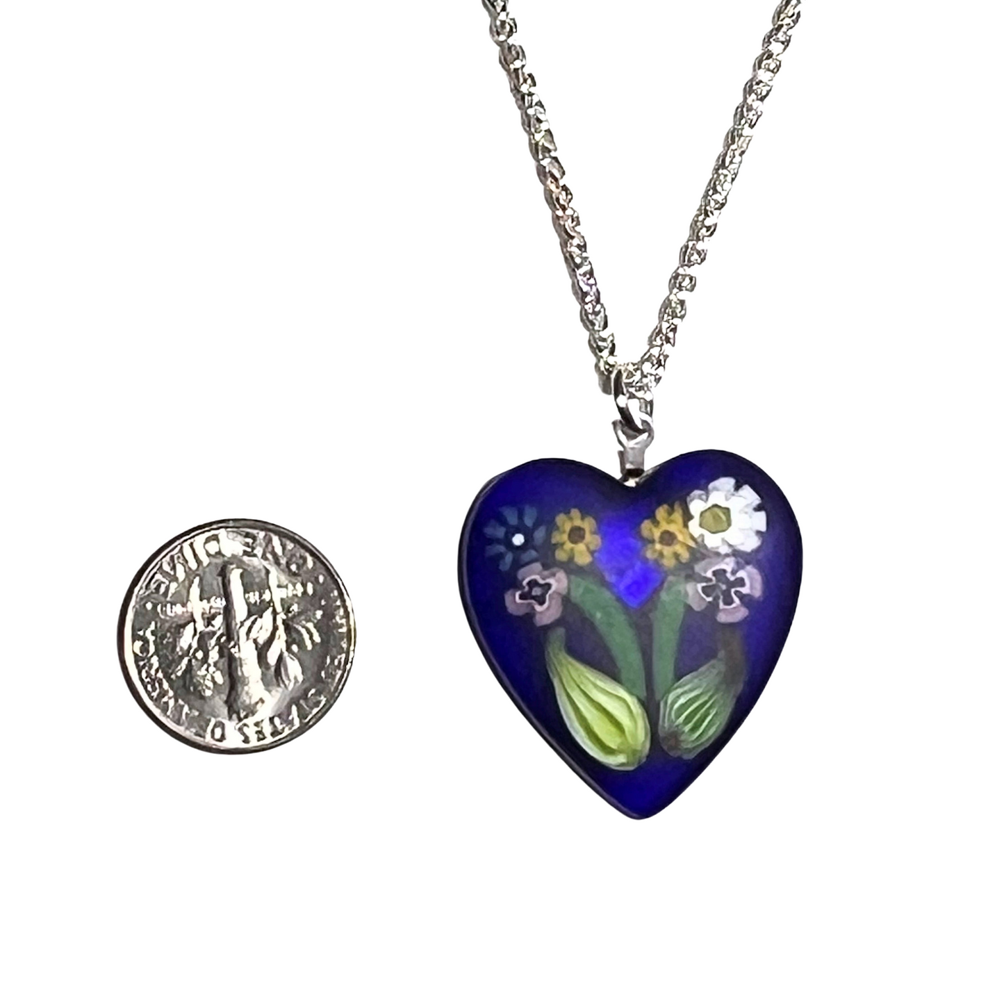 Murano Dark Blue Millefiori Flower Heart Pendant Necklace