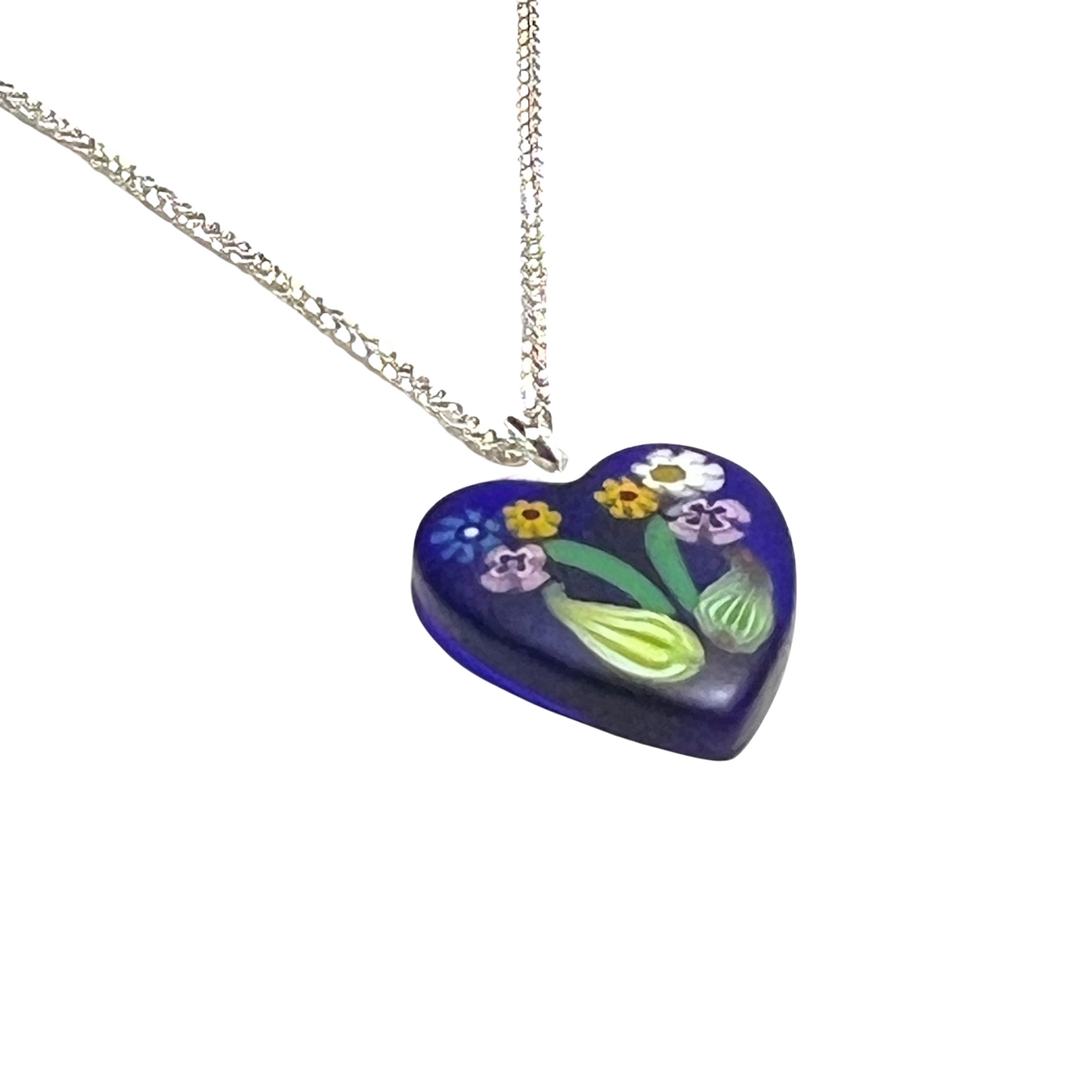 Murano Dark Blue Millefiori Flower Heart Pendant Necklace