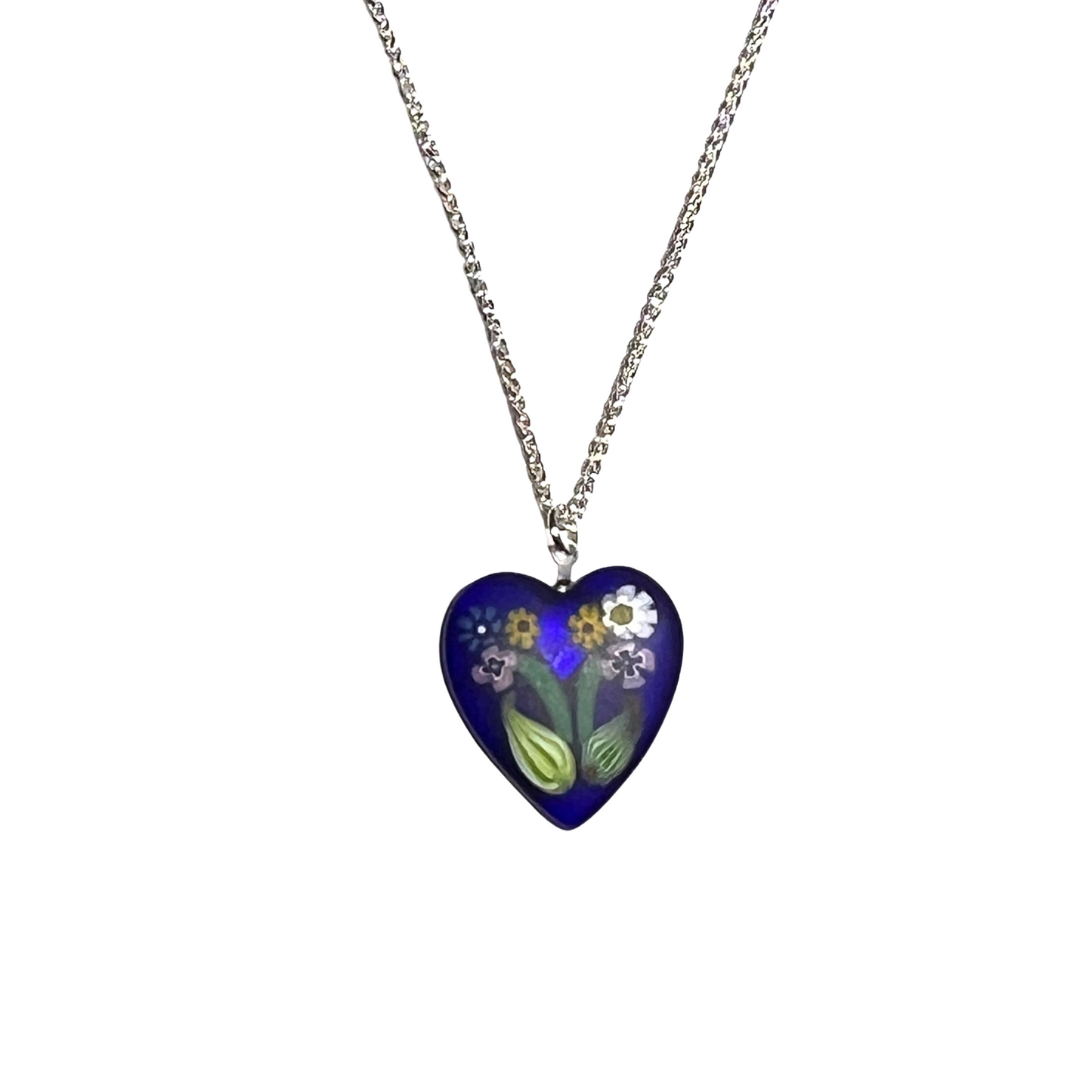 Murano Dark Blue Millefiori Flower Heart Pendant Necklace