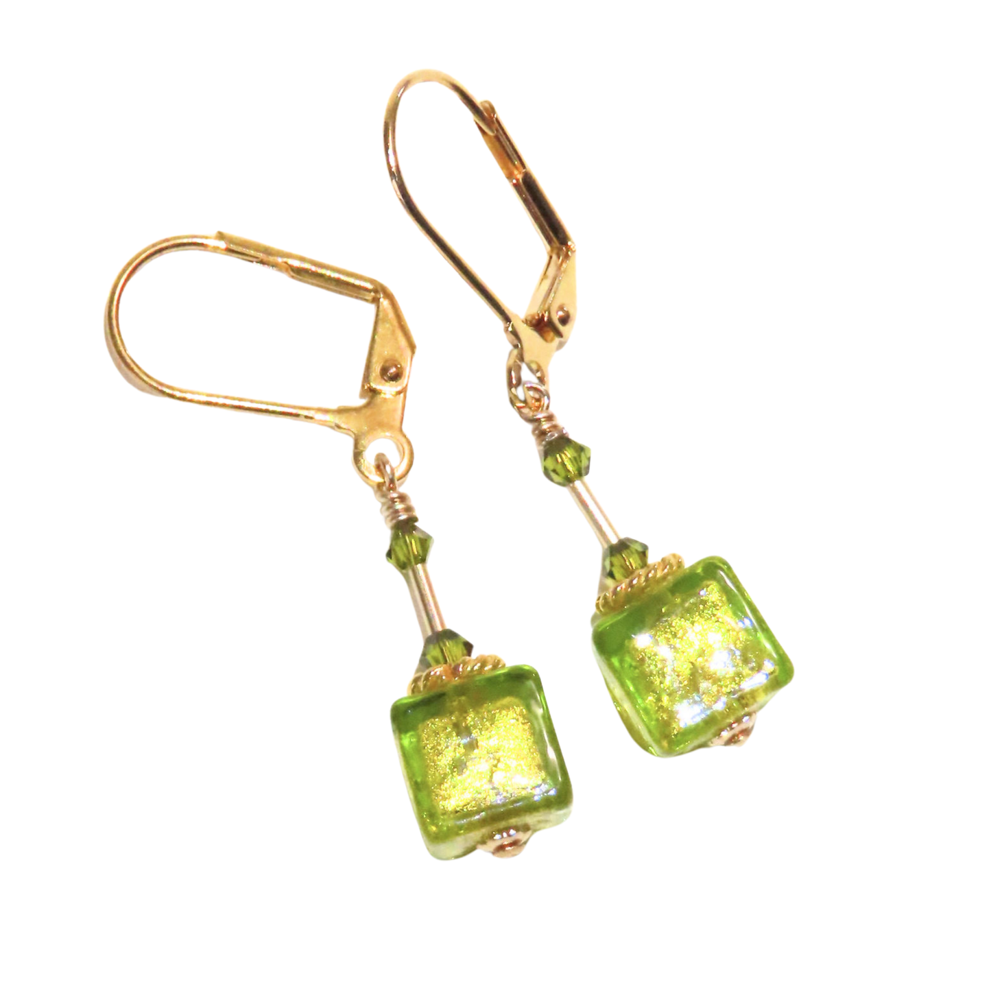 Green square bead earrings with gold hooks on a white background