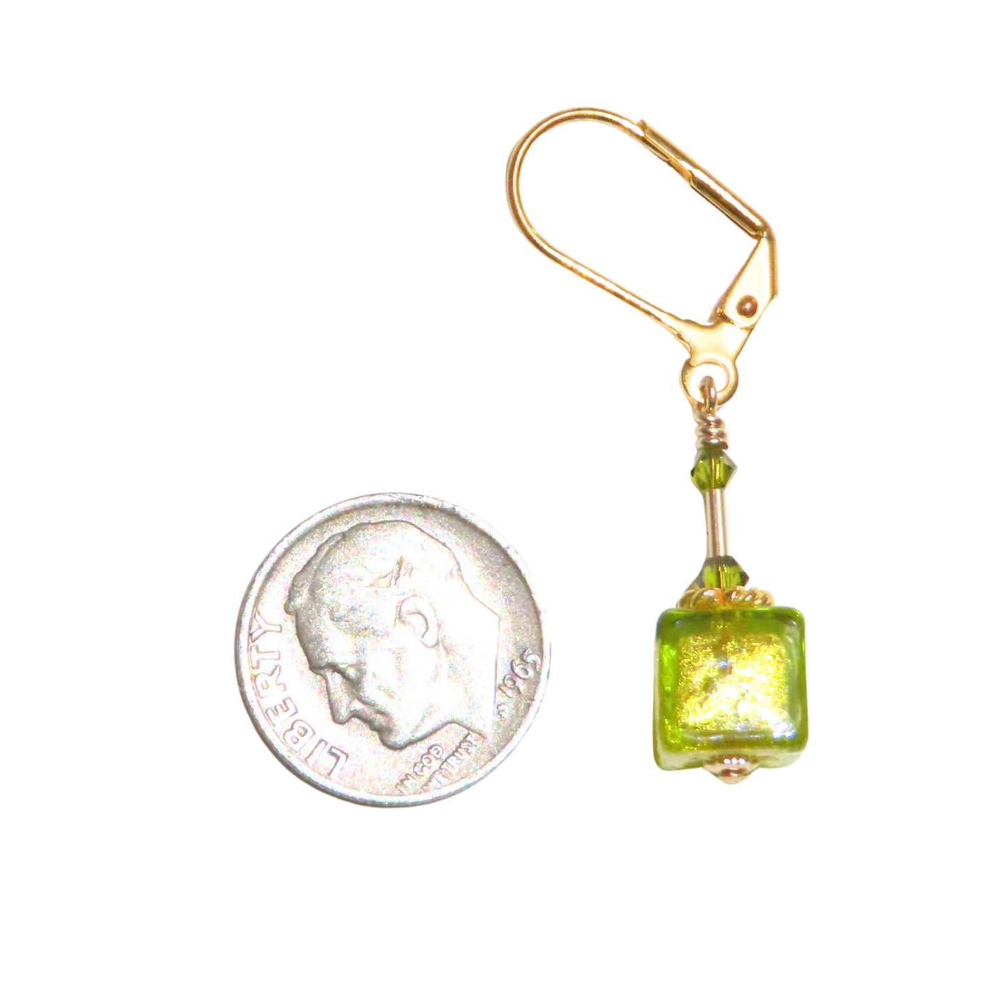 Murano Glass Lime Green Cube Gold Earrings by JKC Murano