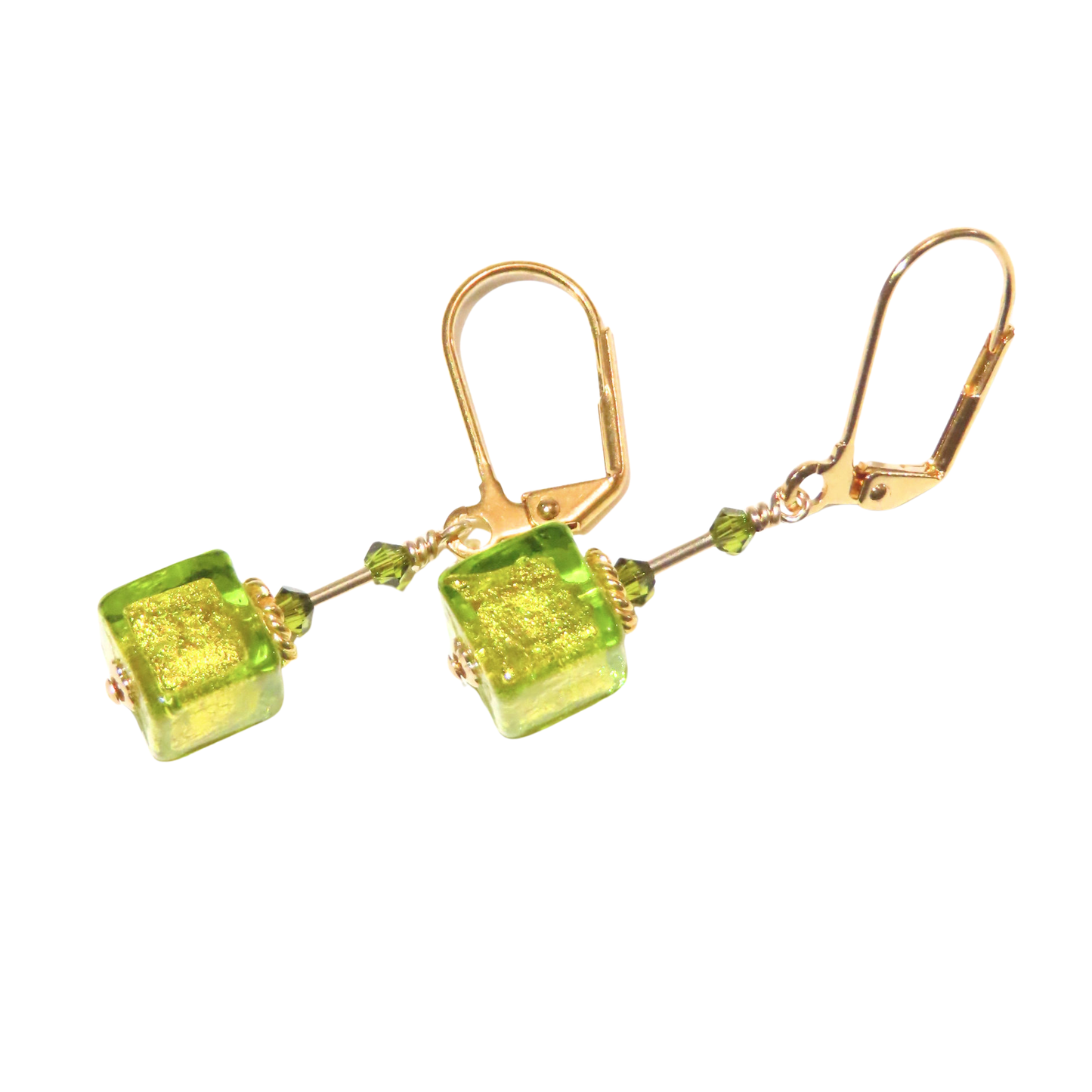 Murano Glass Lime Green Cube Gold Earrings by JKC Murano