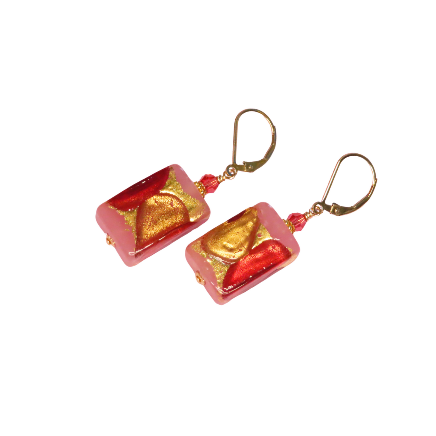 Murano Glass Pink Purple Rectangle Gold Earrings