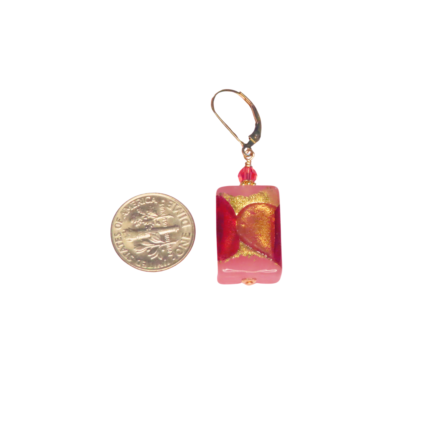 Murano Glass Pink Purple Rectangle Gold Earrings