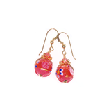 a pair of pink and gold earrings on a white background