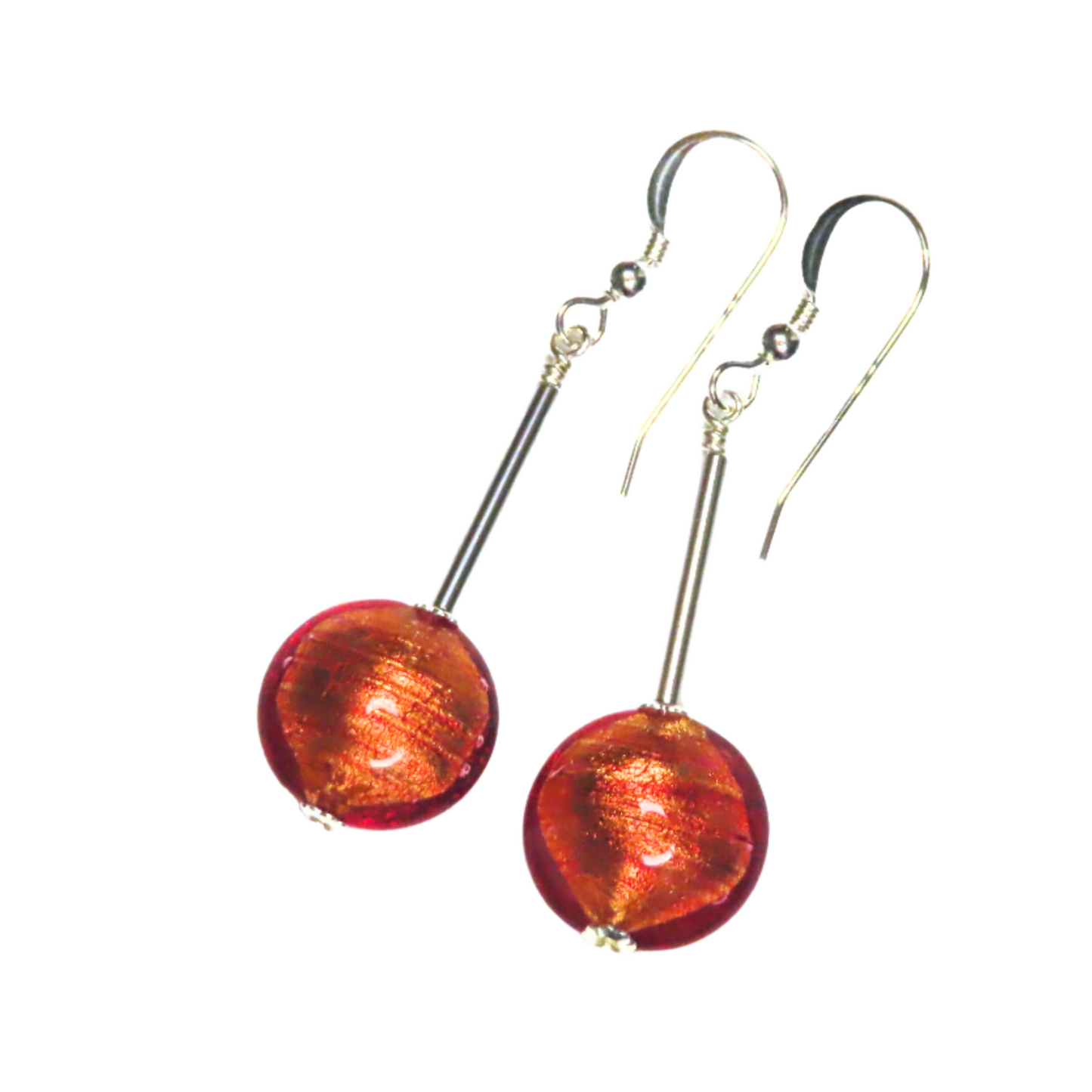 Murano glass pink disc drop silver earrings