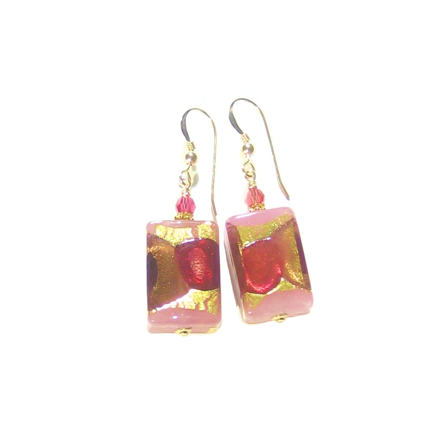 Murano Glass Pink Purple Rectangle Gold Earrings