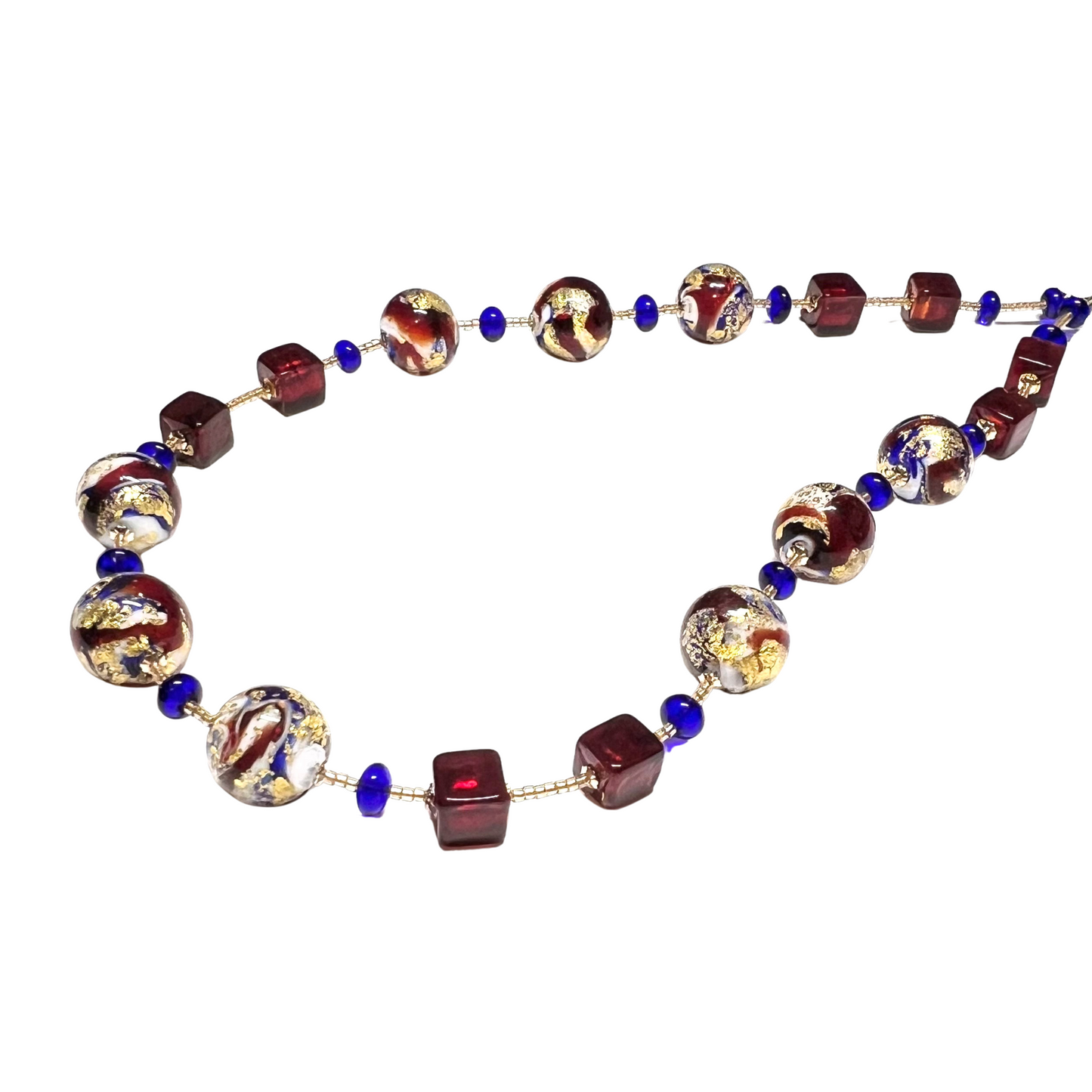 Necklace with multicolored beads on a white background