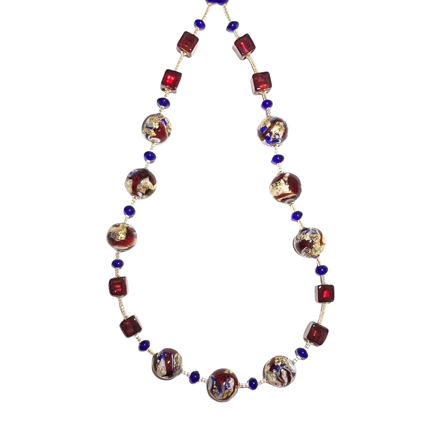 Necklace with multicolored beads on a white background