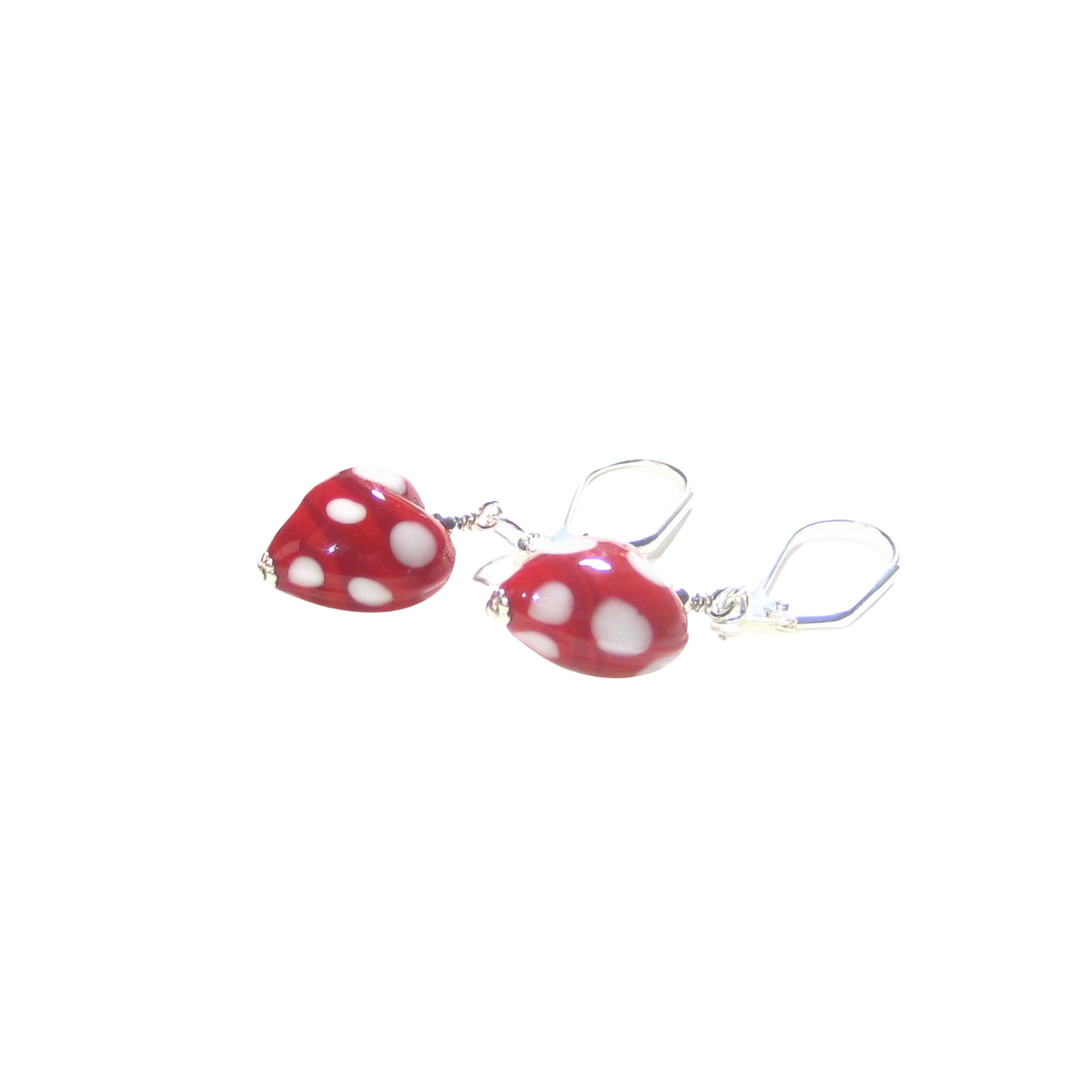 Murano Glass Red Heart Polka Dot Sterling Silver Earrings, Venetian Jewelry