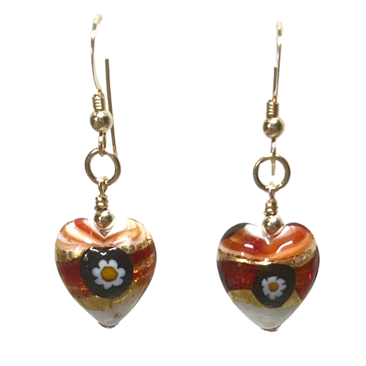 Murano Red Millefiori Heart Gold Earrings