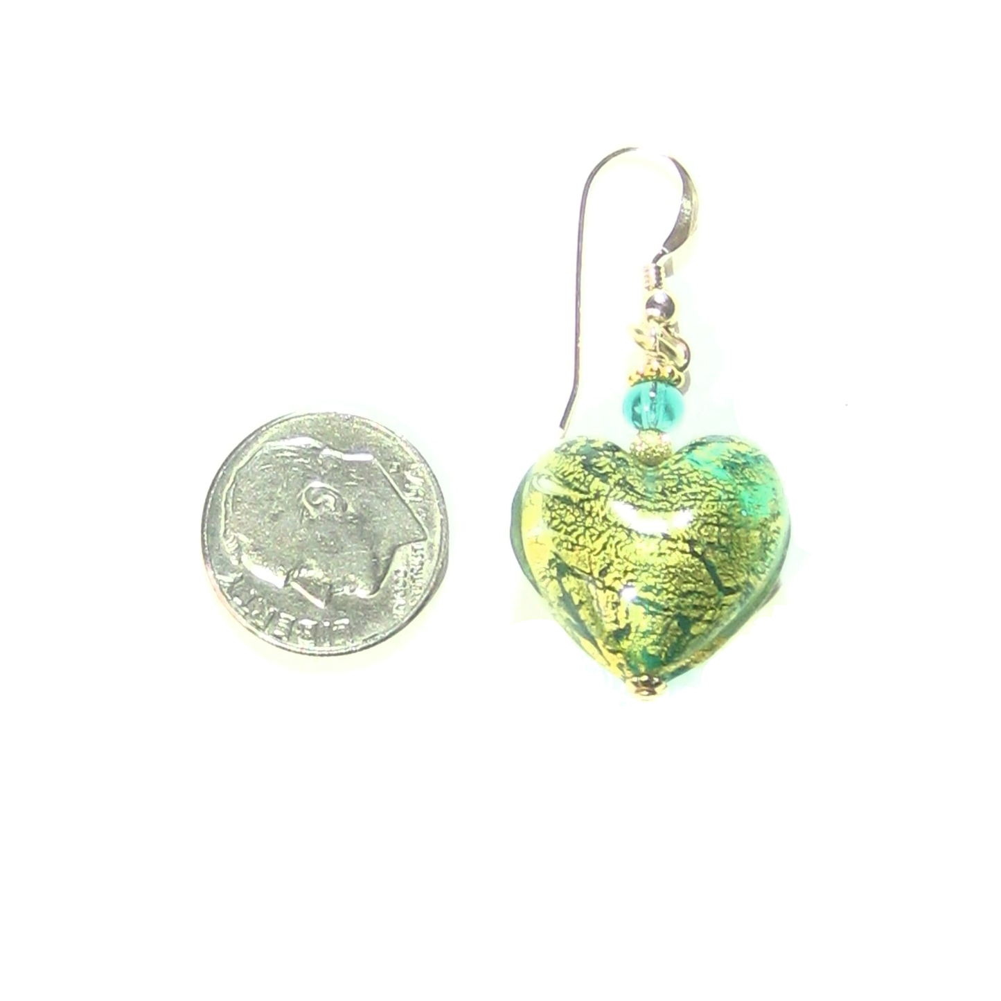 Murano Glass Sea Green Chunky Heart Gold Earrings