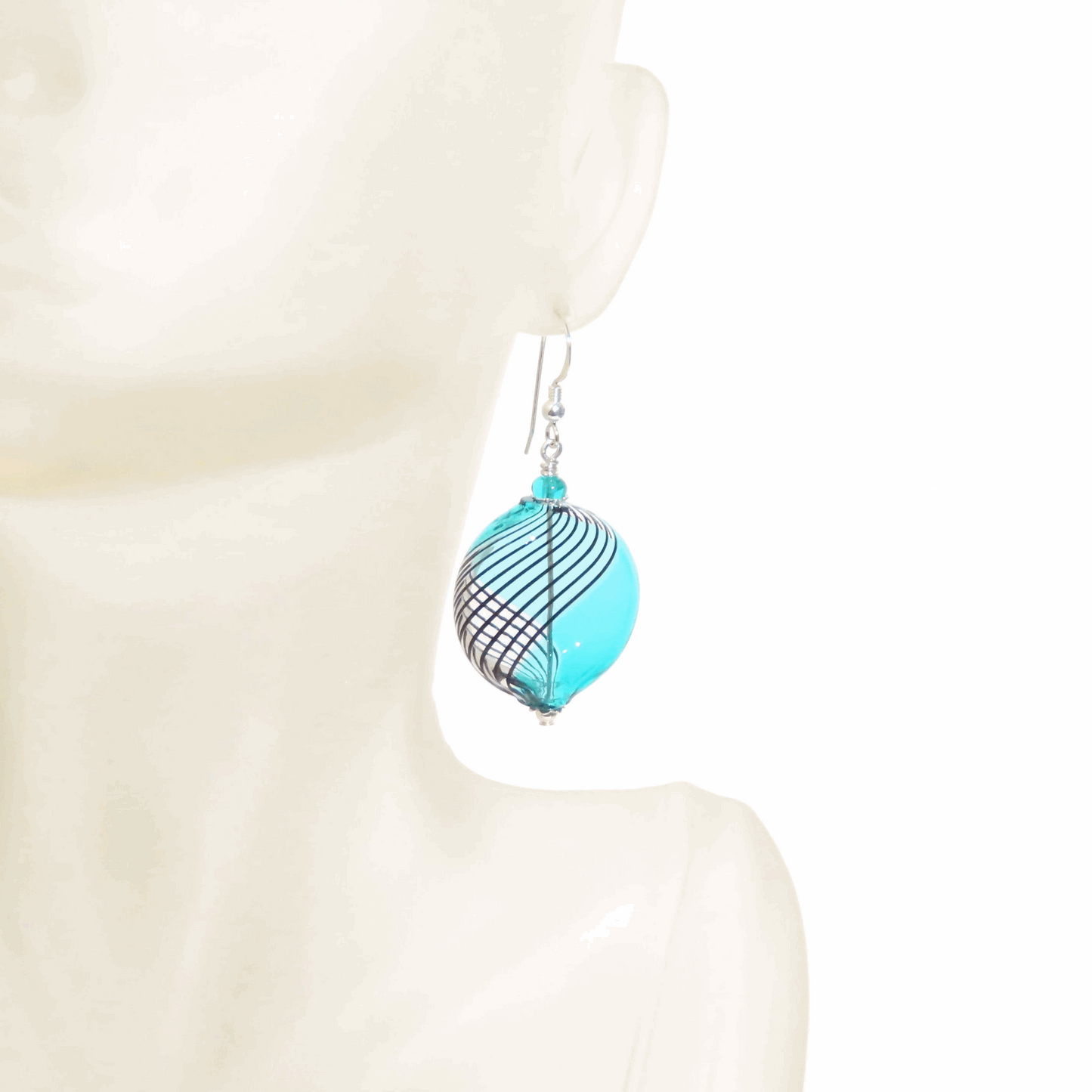 Murano Blown Glass Sea Green Black Disc Silver Earrings