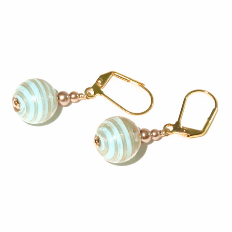 Murano Glass Aquamarine Ball Drop Gold Earrings, Venetian Jewelry