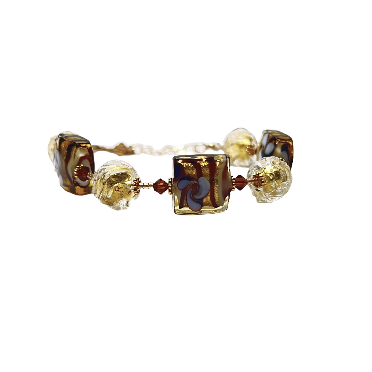 Murano glass brown gold square flower bracelet by JKC Murano
