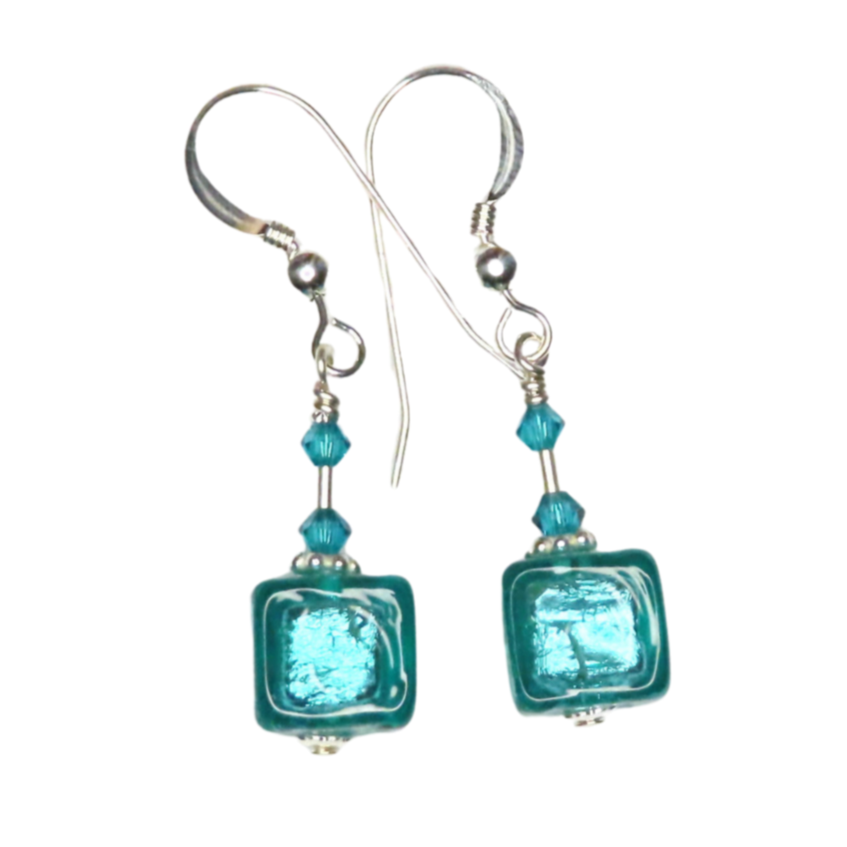 A pair of Murano glass sea green cube silver earrings