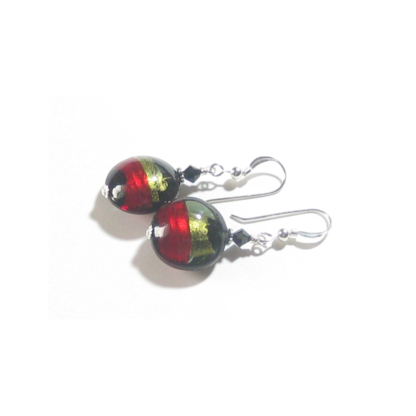 Italian Murano Glass Olive Green Red Black Silver Earrings - JKC Murano