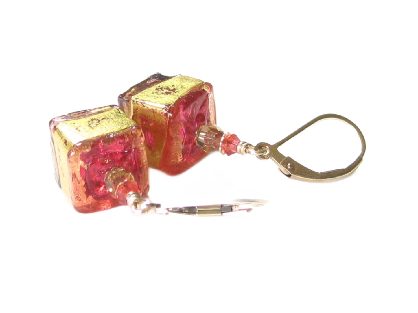 Murano Glass Pink Brown Cube Gold Earrings, Gold Filled Leverbacks - JKC Murano