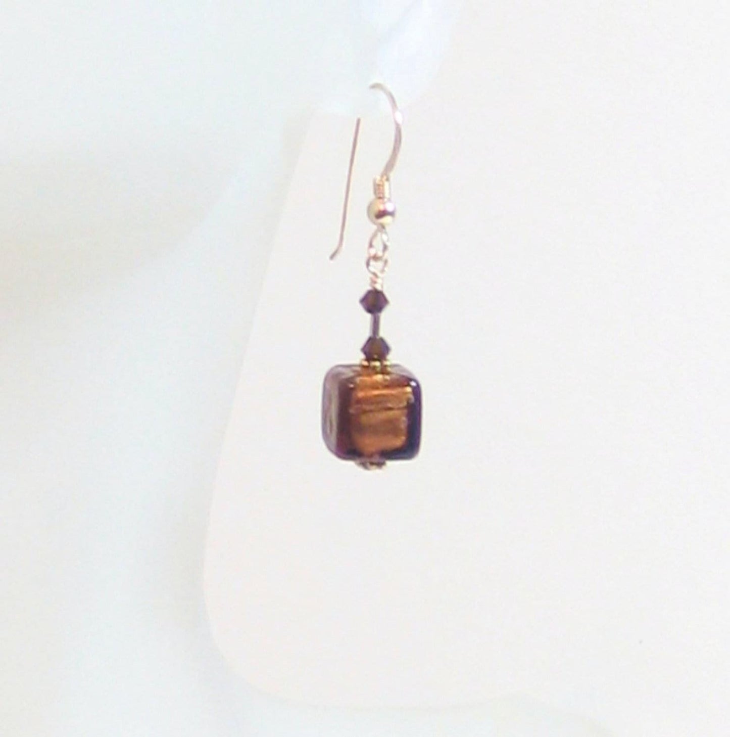 Murano Glass Brown Cube Gold Earrings, Fishhook Earrings - JKC Murano
