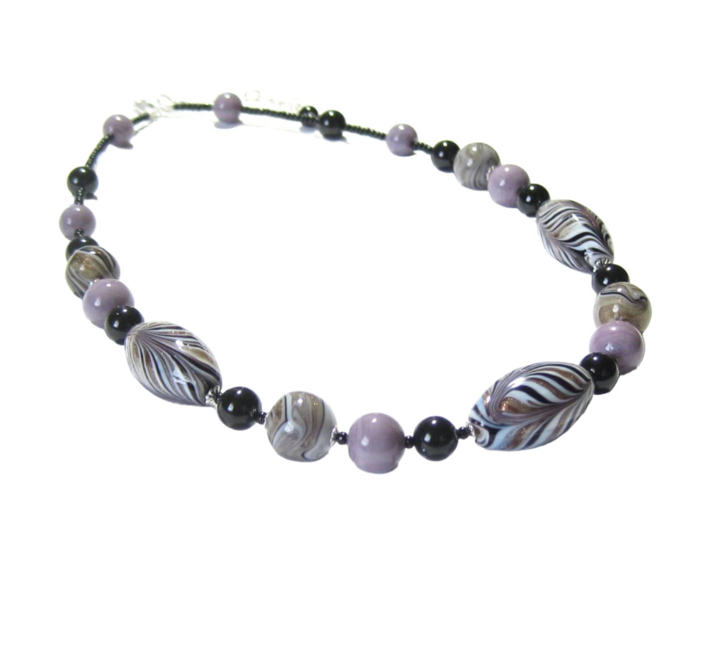 Murano Glass Zebra Black lavender Beaded Silver Necklace - JKC Murano