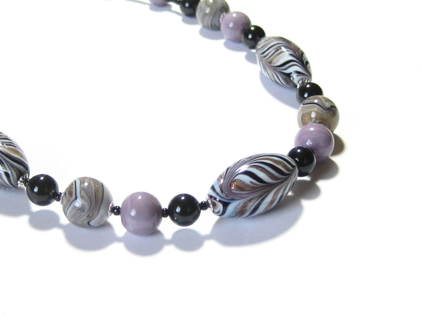 Murano Glass Zebra Black lavender Beaded Silver Necklace - JKC Murano