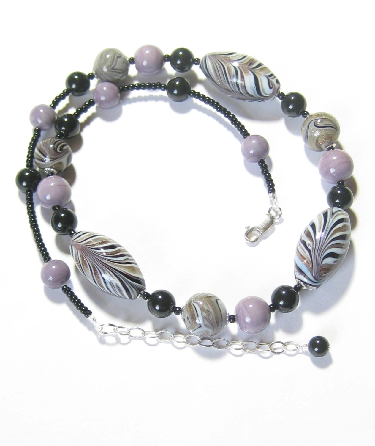 Murano Glass Zebra Black lavender Beaded Silver Necklace - JKC Murano