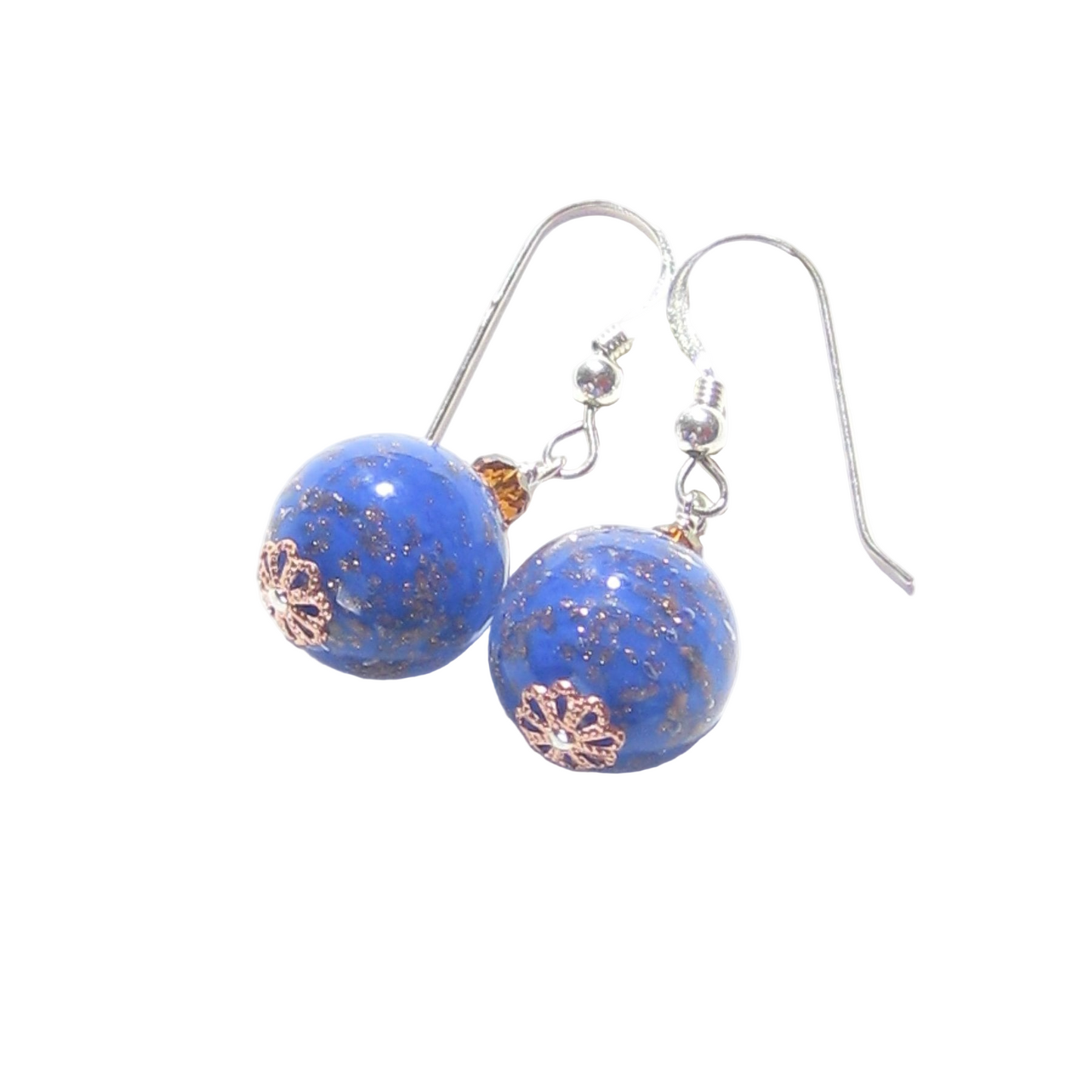 Murano Glass Lapis Blue Copper Ball Silver Earrings, Clip on Earrings - JKC Murano