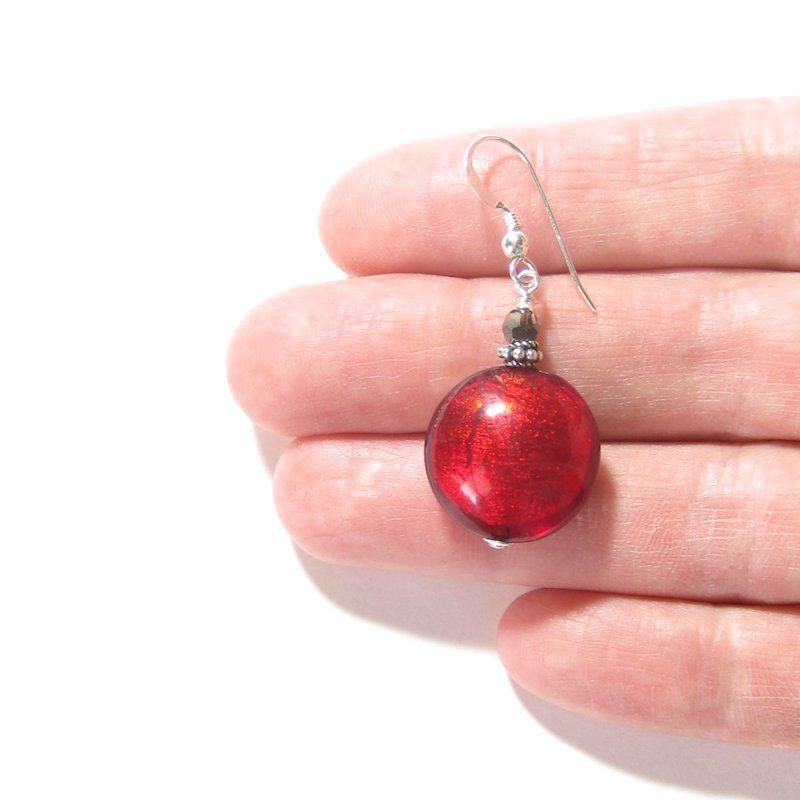 Murano Glass Large Red Disc Sterling Silver Earrings - JKC Murano