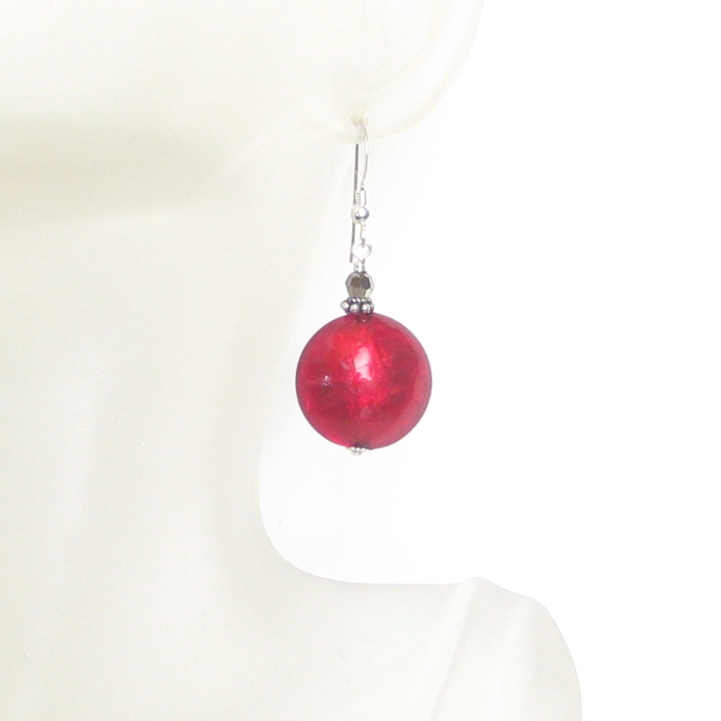 Murano Glass Large Red Disc Sterling Silver Earrings - JKC Murano