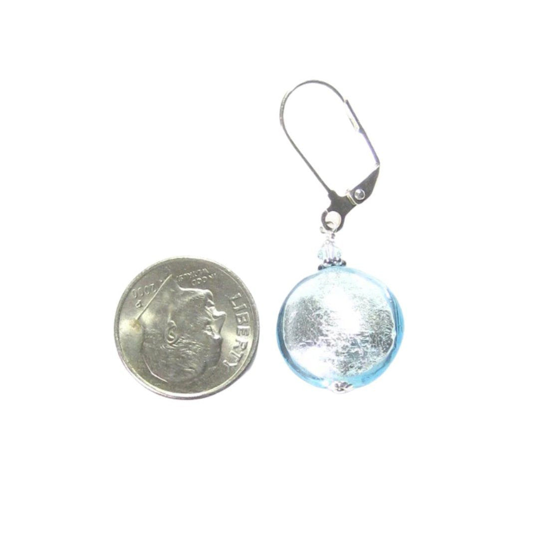Murano Glass Aquamarine Disc Silver Earrings, Sterling Silver Leverback Earrings - JKC Murano