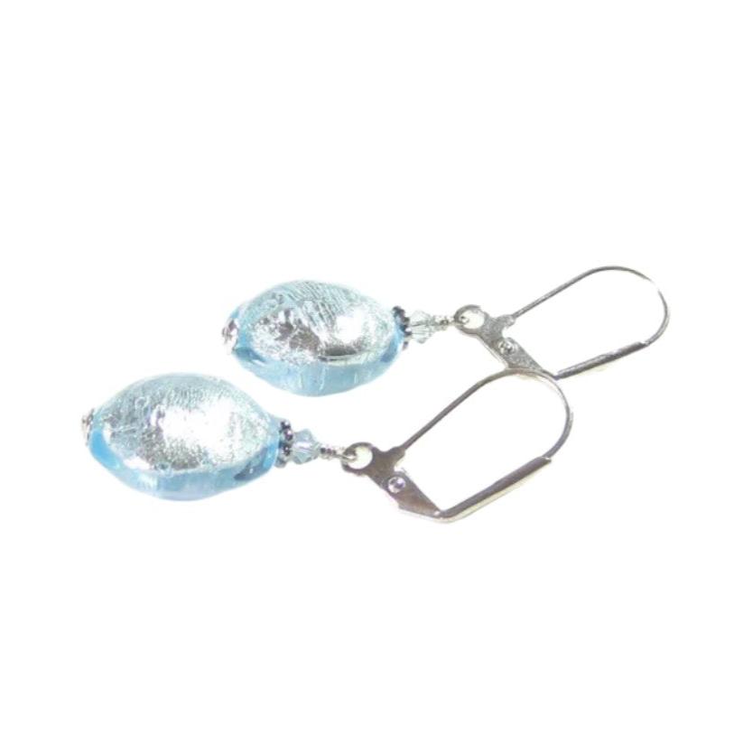 Murano Glass Aquamarine Disc Silver Earrings, Sterling Silver Leverback Earrings - JKC Murano