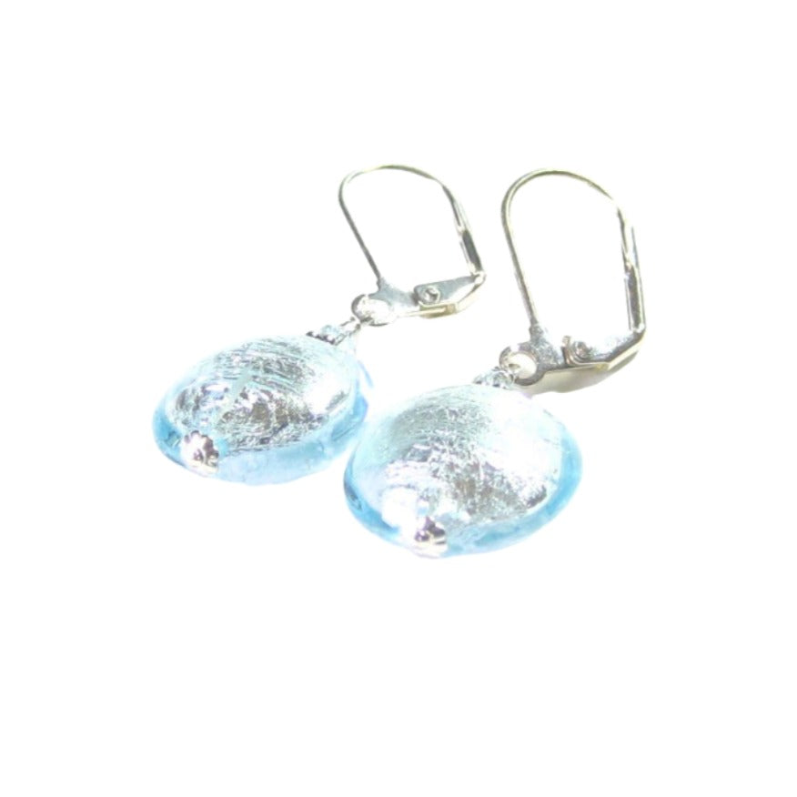 Murano Glass Aquamarine Disc Silver Earrings, Sterling Silver Leverback Earrings - JKC Murano