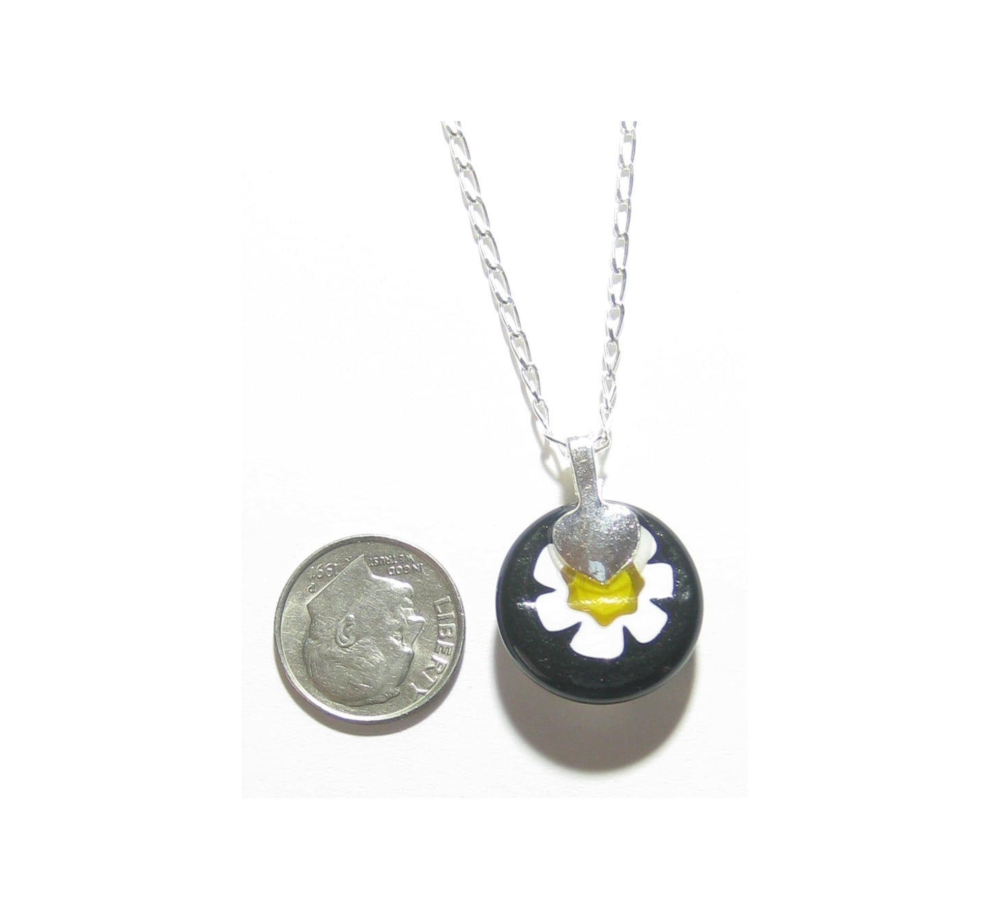 Murano Glass Millefiori Black Daisy Pendant, Sterling Silver Chain - JKC Murano