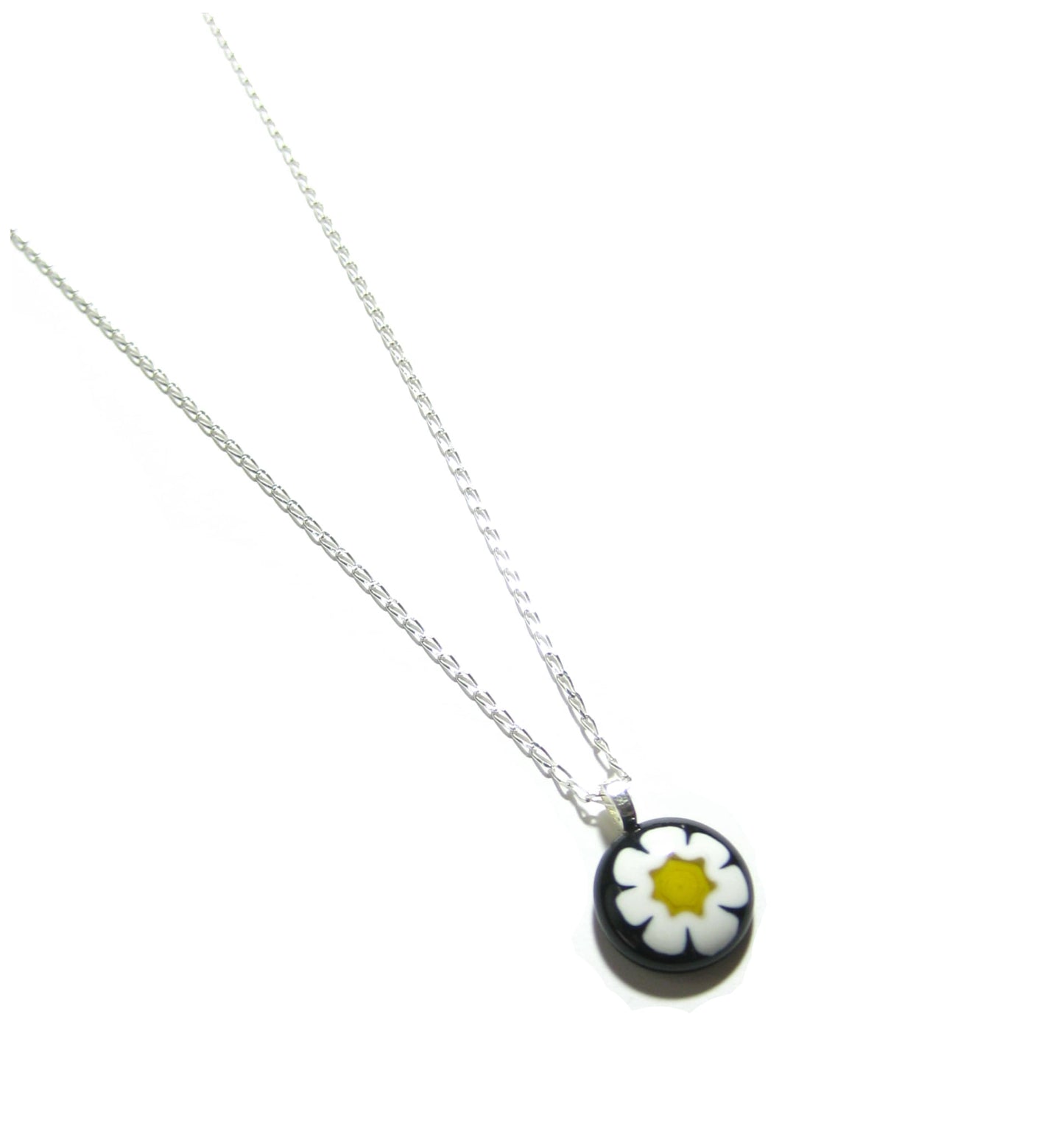 Murano Glass Millefiori Black Daisy Pendant, Sterling Silver Chain - JKC Murano