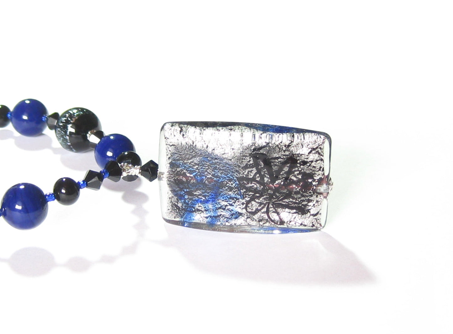Murano Glass Cobalt Blue and Black Pendant Silver Necklace - JKC Murano