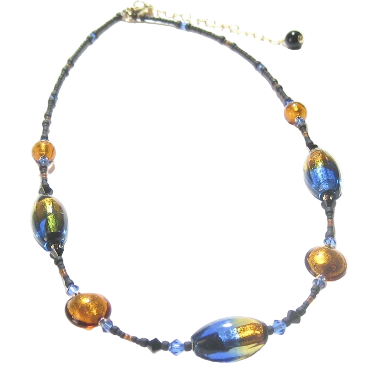 Murano Glass Blue Topaz Oval Bead Gold Necklace by JKC Murano - JKC Murano