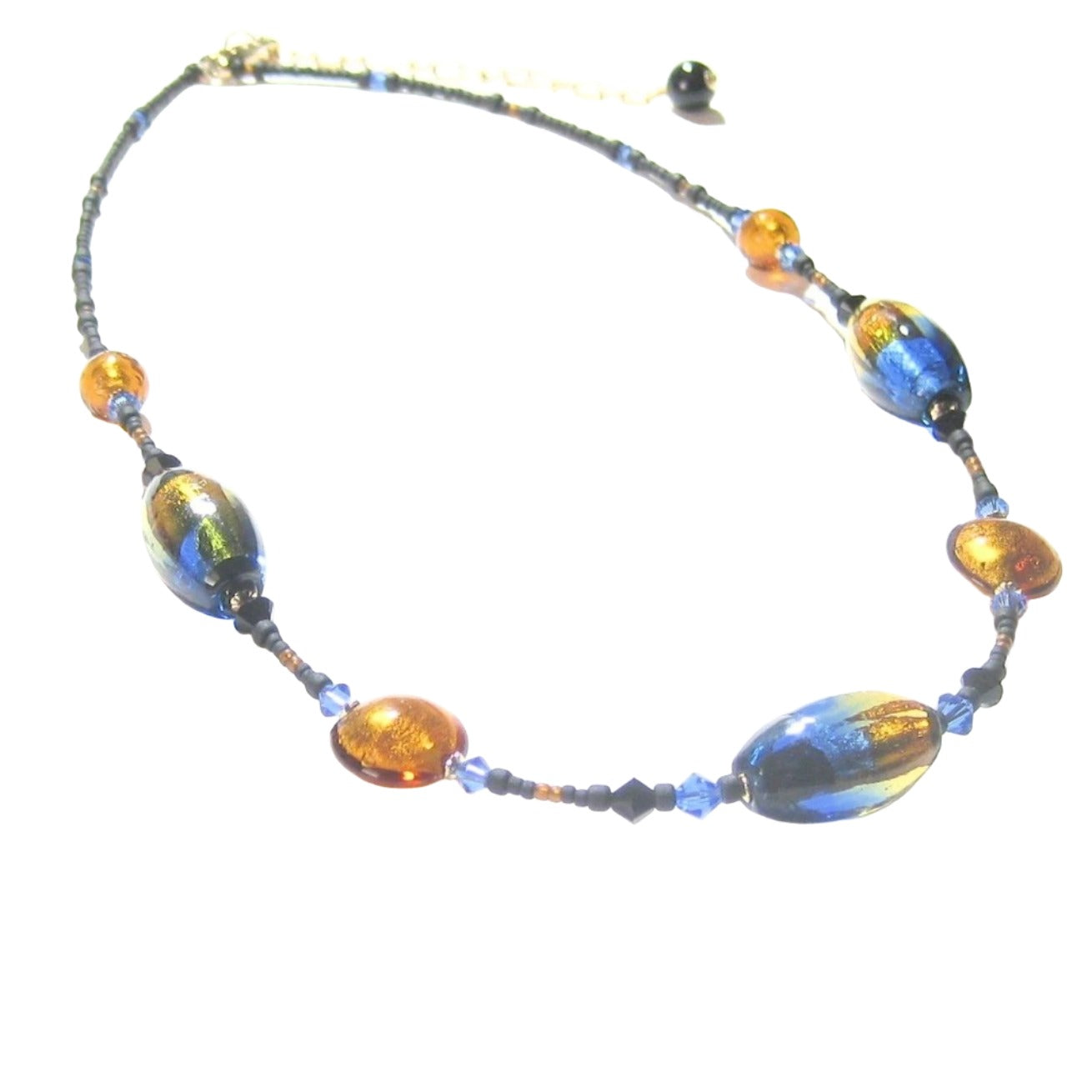 Murano Glass Blue Topaz Oval Bead Gold Necklace by JKC Murano - JKC Murano