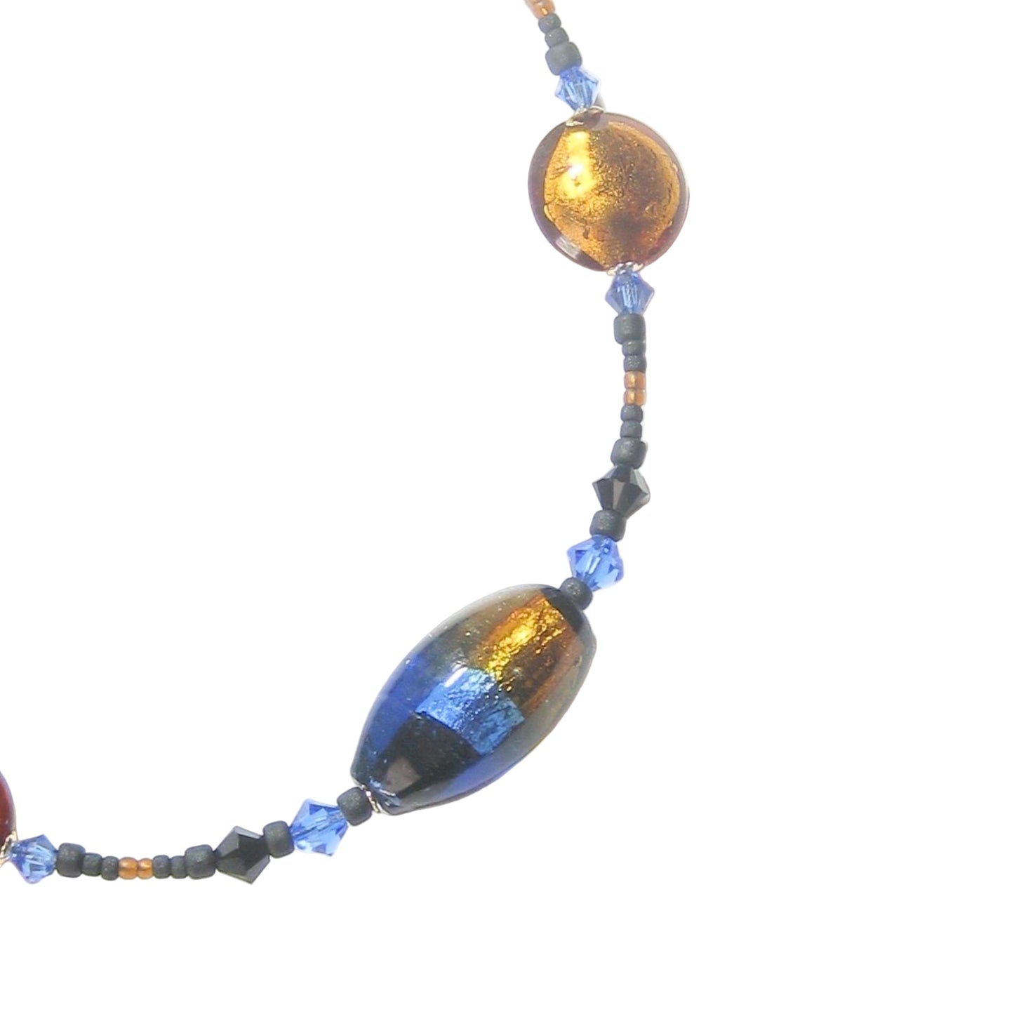 Murano Glass Blue Topaz Oval Bead Gold Necklace by JKC Murano - JKC Murano