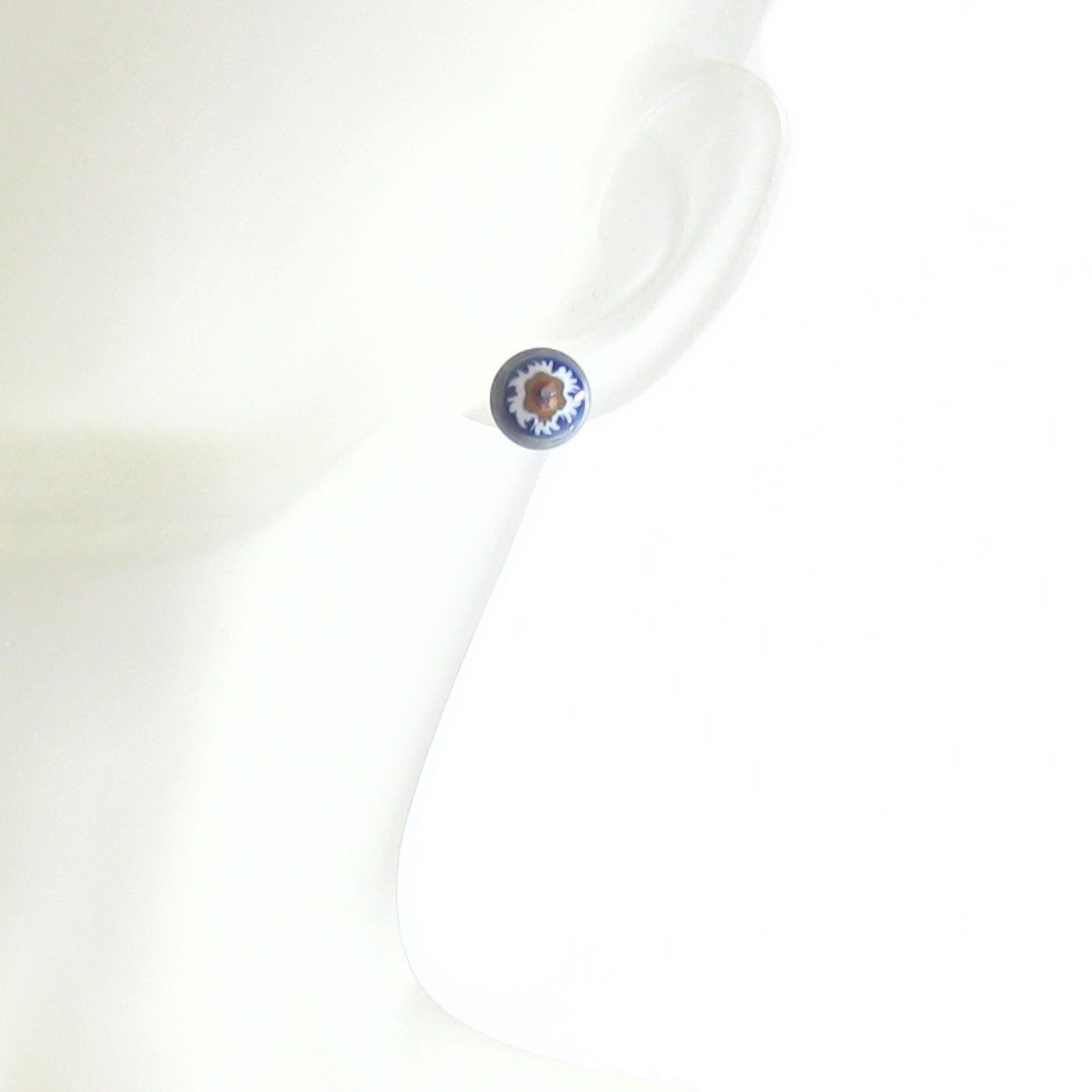 Murano Millefiori Blue Brown Flower Sterling Post Stud Earrings - JKC Murano