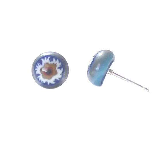Murano Millefiori Blue Brown Flower Sterling Post Stud Earrings - JKC Murano